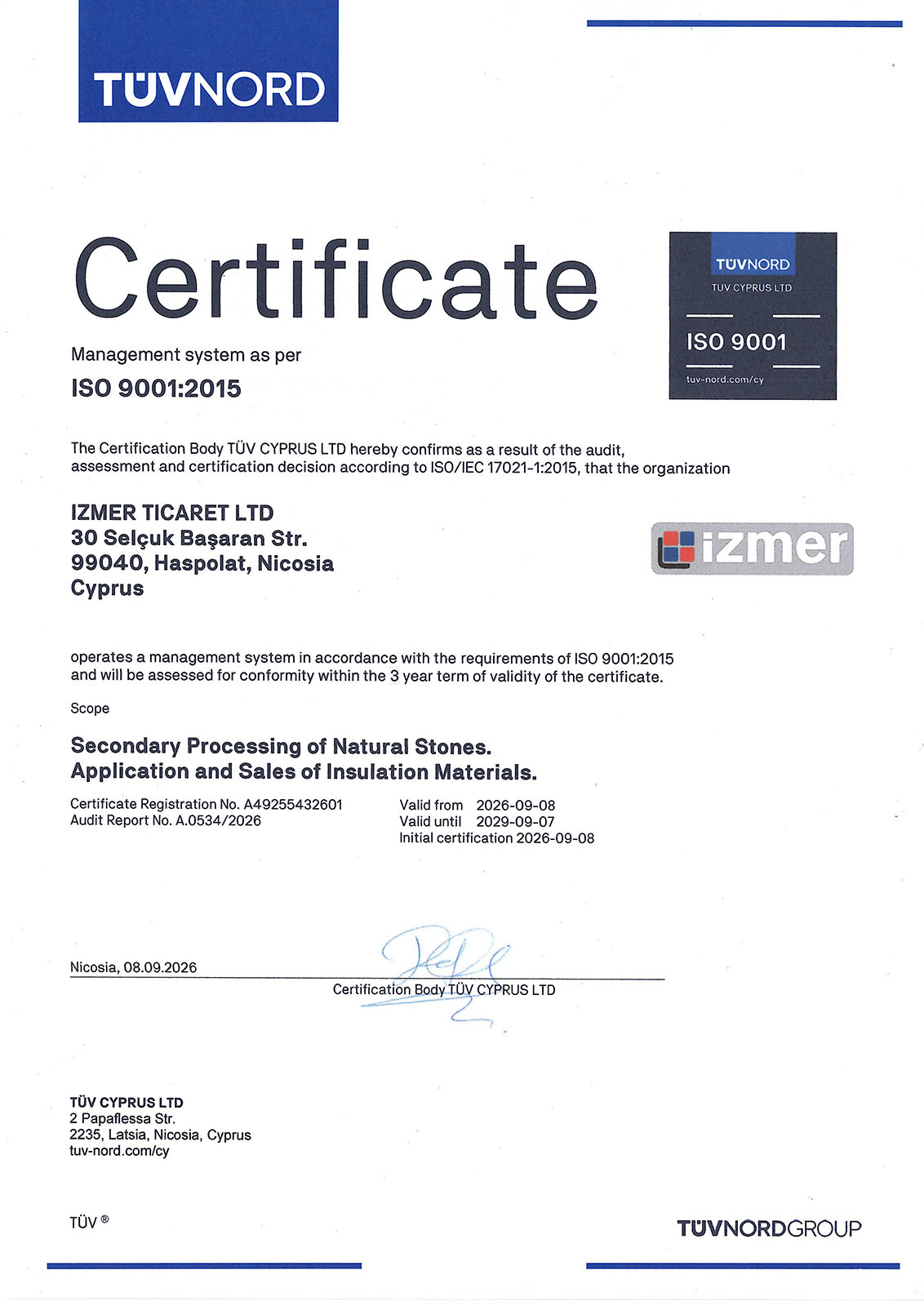 CERTIFICATE ISO 9001_IZMER TICARET